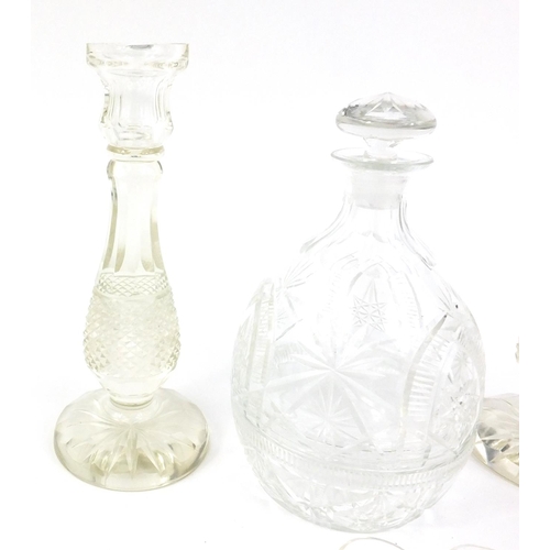 188 - Pair of Hobb Nail cut glass candlesticks and a cut glass decanter with hidden glasses