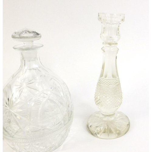 188 - Pair of Hobb Nail cut glass candlesticks and a cut glass decanter with hidden glasses