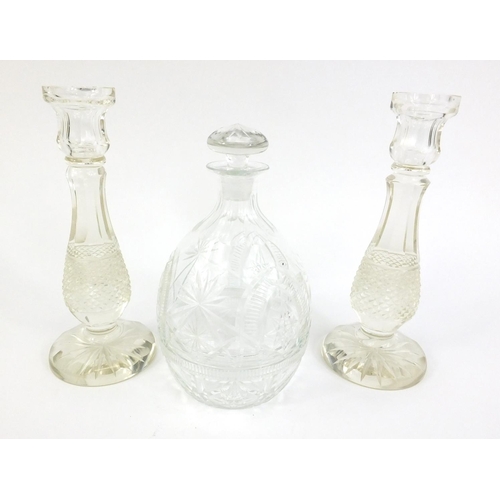 188 - Pair of Hobb Nail cut glass candlesticks and a cut glass decanter with hidden glasses