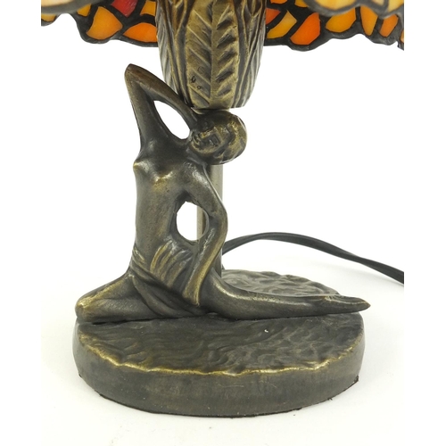 159 - Bronzed Tiffany design table lamp and shade with figural column, 24cm high