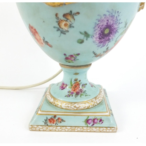 124 - Hand painted Dresden porcelain table lamp of urn form, 40cm high