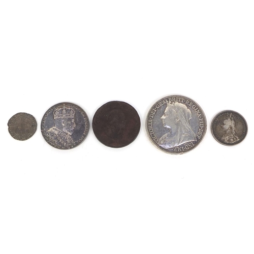 2433 - Group of coins and commemorative medallions including 1885 silver crown, approximate weight 59.0g