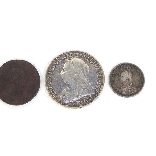 2433 - Group of coins and commemorative medallions including 1885 silver crown, approximate weight 59.0g