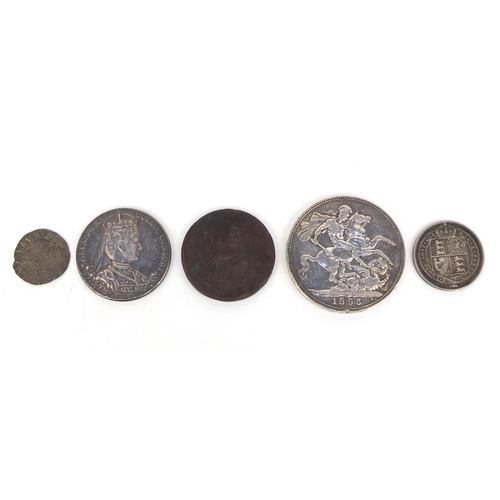 2433 - Group of coins and commemorative medallions including 1885 silver crown, approximate weight 59.0g