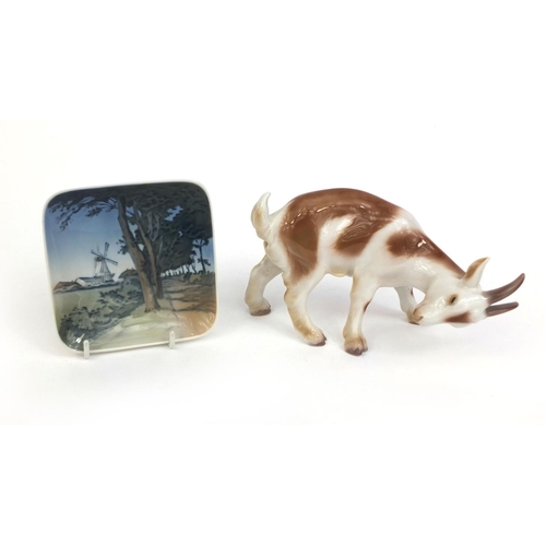 2064 - Bing and Grondahl model of goat together with a Royal Copenhagen pin dish decorated with a windmill,... 