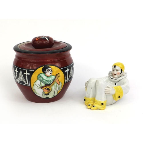 2092 - Noritake jar and cover hand painted with a clown together with a German clown soap dish, both with f... 