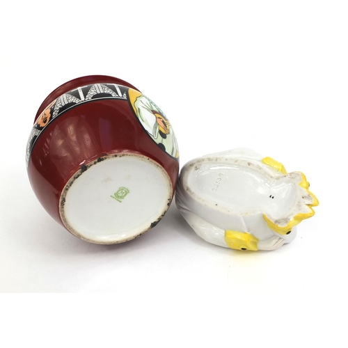 2092 - Noritake jar and cover hand painted with a clown together with a German clown soap dish, both with f... 