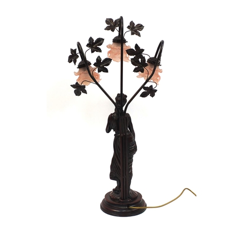 2117 - Large Art Nouveau style figural three branch table lamp with pink glass frilled shades, 82cm high