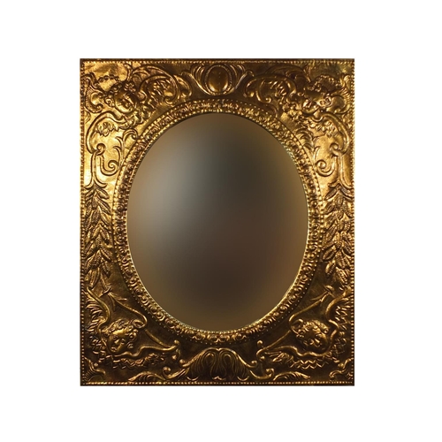 2028 - Rectangular oval mirror the boarder embossed with putti amongst flowers, 76cm x 64cm