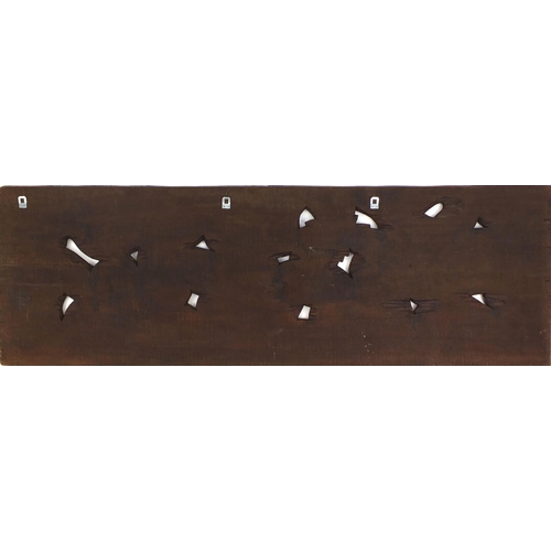 2115 - Large rectangular hardwood panel carved and pierced with deer's amongst trees, 150cm x 49cm