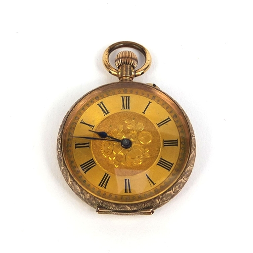 2440 - Ladies 9ct gold pocket watch with floral dial and chased decoration, 3.2cm in diameter, approximate ... 