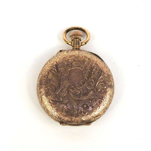 2440 - Ladies 9ct gold pocket watch with floral dial and chased decoration, 3.2cm in diameter, approximate ... 