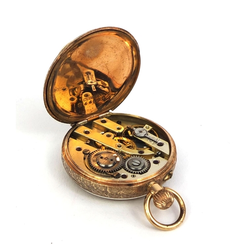 2440 - Ladies 9ct gold pocket watch with floral dial and chased decoration, 3.2cm in diameter, approximate ... 