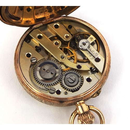 2440 - Ladies 9ct gold pocket watch with floral dial and chased decoration, 3.2cm in diameter, approximate ... 