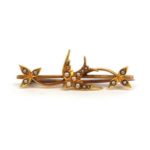 2445 - 9ct gold seed pearl swallow bar brooch, 3.7cm long, approximate weight 3.5g