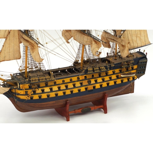 2233 - Wooden model of HMS Victory with canvas sail on stand, 78cm high