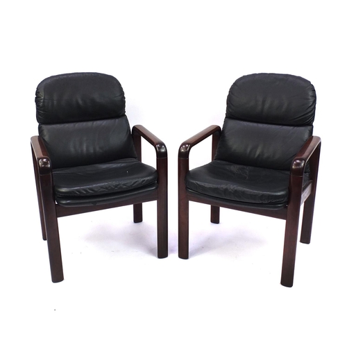 2042 - Pair of Dyrlund stained hardwood and leather chairs, 87cm high
