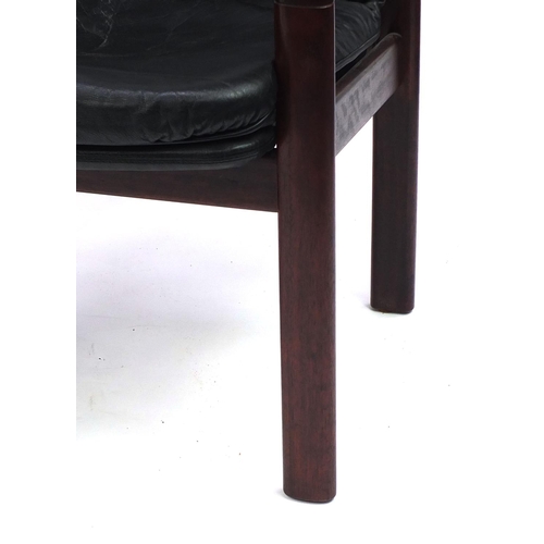 2042 - Pair of Dyrlund stained hardwood and leather chairs, 87cm high