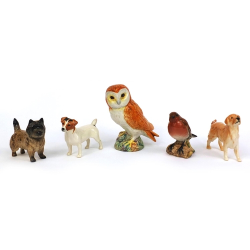 2083 - Five Beswick animals comprising Robin 980, an owl and three dogs, each with factory marks to the bas... 