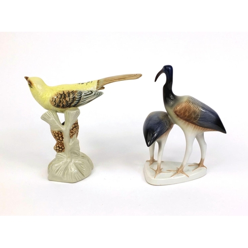 2095 - Royal Dux study of a bird perched on a ranch together with a Holland bird, each with factory marks t... 