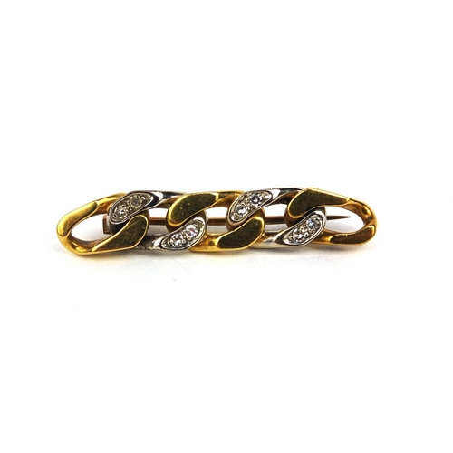 2448 - Unmarked two tone gold curb link brooch set with eight solitaire diamonds, 3.7cm long, approximate w... 