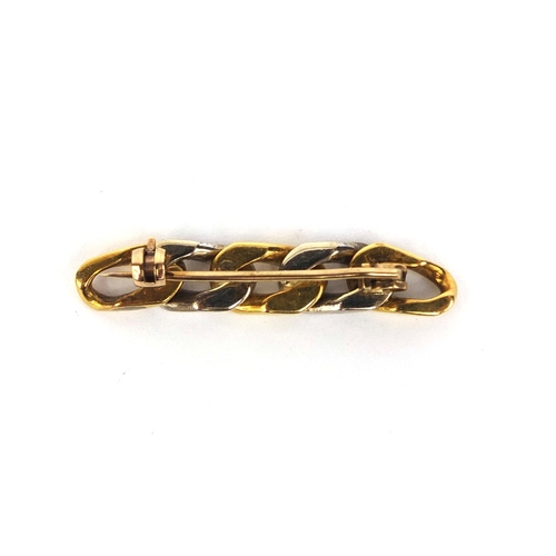 2448 - Unmarked two tone gold curb link brooch set with eight solitaire diamonds, 3.7cm long, approximate w... 