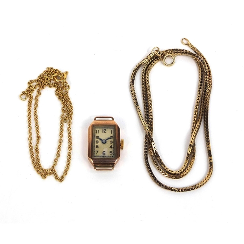 2447 - Gold jewellery comprising 9ct gold necklace, 9ct gold ladies wristwatch and an 18ct gold necklace, a... 