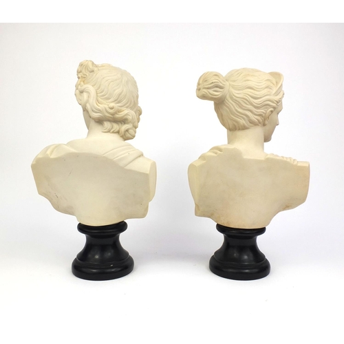 2124 - Pair of Apollo and Diana stone busts, each 41cm high