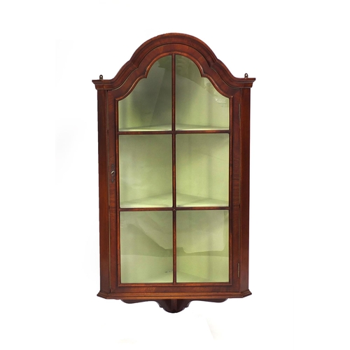 2047 - Queen Anne style Walnut hanging corner cabinet with two green painted shelves, 92cm high