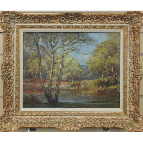 2111 - PA Kennedy - Oil onto board, cows by the water, Thompson's Gallery receipt verso, mounted ornately f... 