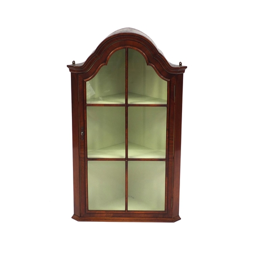 2047 - Queen Anne style Walnut hanging corner cabinet with two green painted shelves, 92cm high