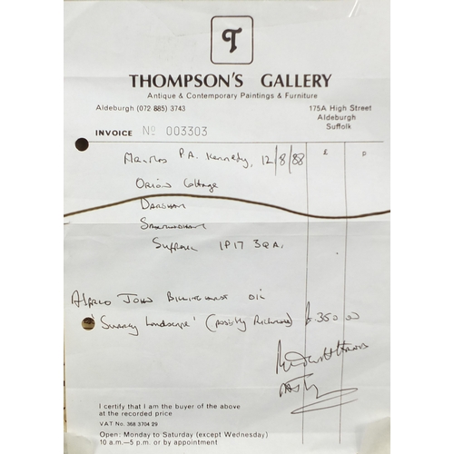 2111 - PA Kennedy - Oil onto board, cows by the water, Thompson's Gallery receipt verso, mounted ornately f... 