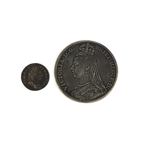 2425 - George III 1762 three penny bit together with Queen Victoria 1890 crown, approximate weight 23.0g