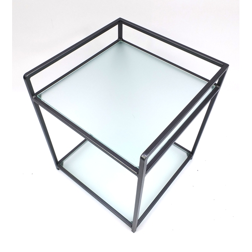 2049 - Tom Falkner grey metal and glass two tier occasional table, 60cm high x 50cm wide x 50cm deep