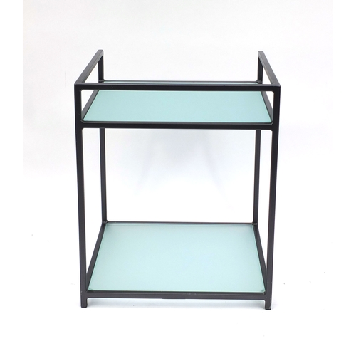 2049 - Tom Falkner grey metal and glass two tier occasional table, 60cm high x 50cm wide x 50cm deep