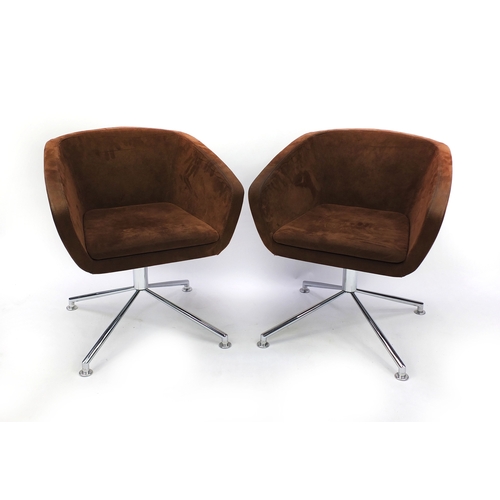 2040 - Pair of Zitia brown suede and chrome swivelling chairs, 80cm high