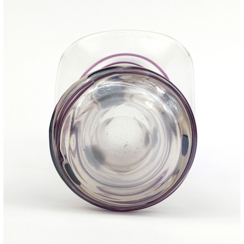 738 - Loetz style iridescent glass vase with purple trailed decoration, 18cm high