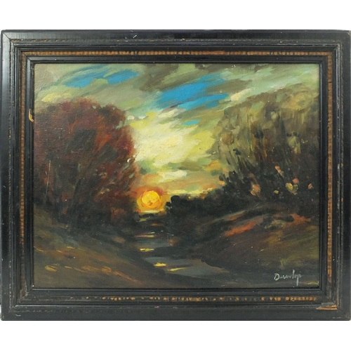 138 - Oil onto board of a sunset over a river, bearing a signature Dunlop, 47cm x 37cm excluding the frame