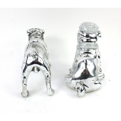 142 - Two decorative silvered models of a Bulldog and a Pug dog, the largest 20cm high