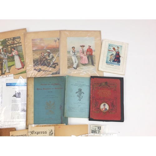 658 - Selection of Military interest ephemera including books, set of four soldier returns prints etc