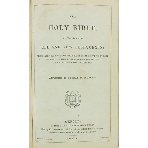 190 - Miniature Victorian leather bound bible with coloured plates, dated 16th July 1865 to the clasp