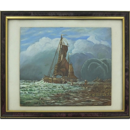 67 - Unsigned oil on board of figures loading a ship, 31cm x 25cm excluding the mount and frame