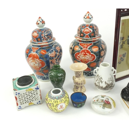 239 - Oriental items including Imari patterned vases, miniature collectable vases, figure of a Geisha girl... 