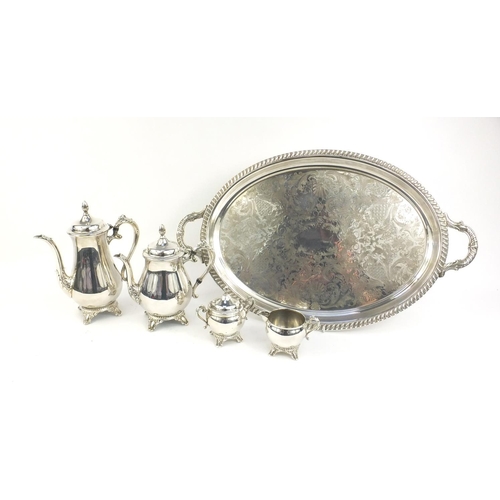 231 - Silver plated four piece tea service and a large silver plated oval tray, 66cm long