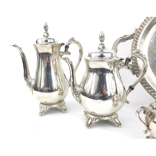 231 - Silver plated four piece tea service and a large silver plated oval tray, 66cm long