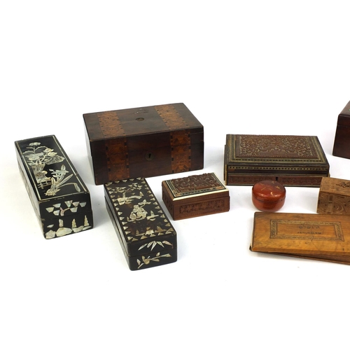 218 - Collection of wooden boxes including two Mother of Pearl inlaid examples, a Jerusalem olive wood boo... 