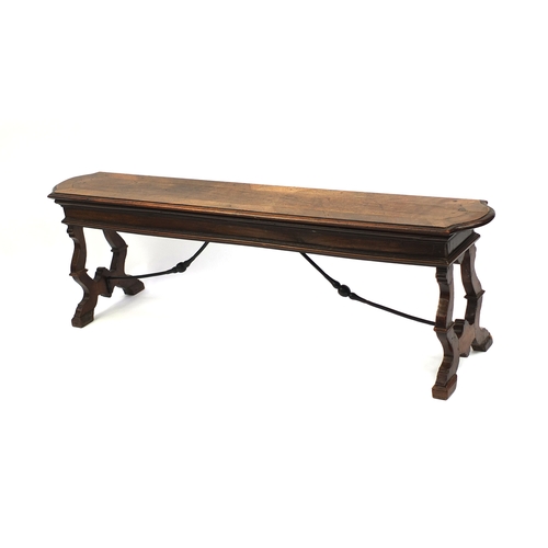 2030 - Queen Anne style crossbanded mahogany bench with shaped ends and iron stretchers. 45cm high x 150cm ... 
