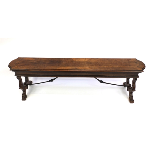 2030 - Queen Anne style crossbanded mahogany bench with shaped ends and iron stretchers. 45cm high x 150cm ... 