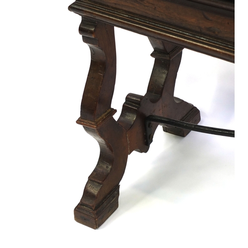 2030 - Queen Anne style crossbanded mahogany bench with shaped ends and iron stretchers. 45cm high x 150cm ... 
