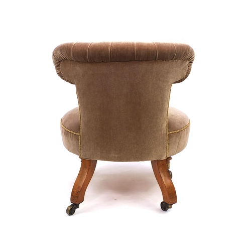 77 - Walnut framed bedroom chair with salmon button back upholstery, 70cm high